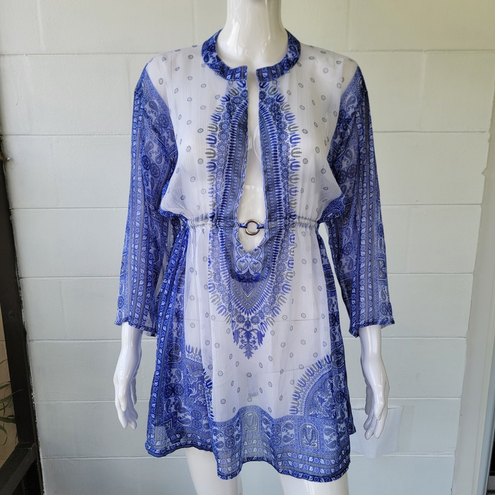 Rima Beach Swim Cover Up Blue White Womens L/XL Bohemian Paisley Sheer Beachwear